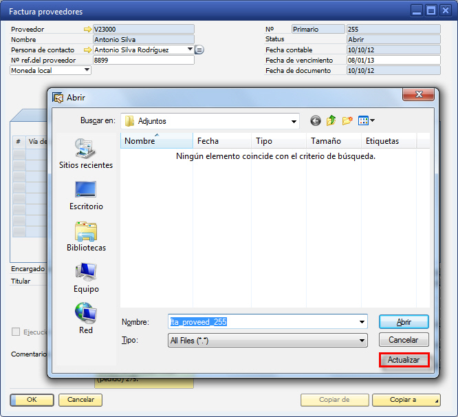 Actualizar en adjuntos de factura de proveedores en SAP Business One
