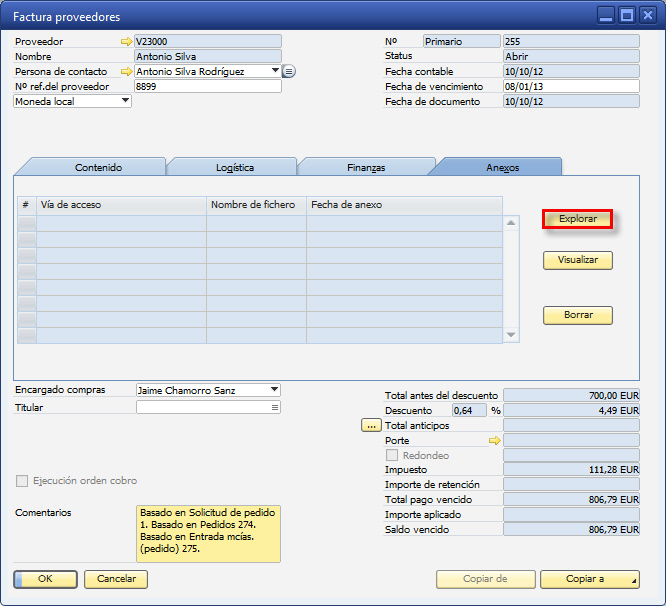 Explorar en factura de proveedores en SAP Business One